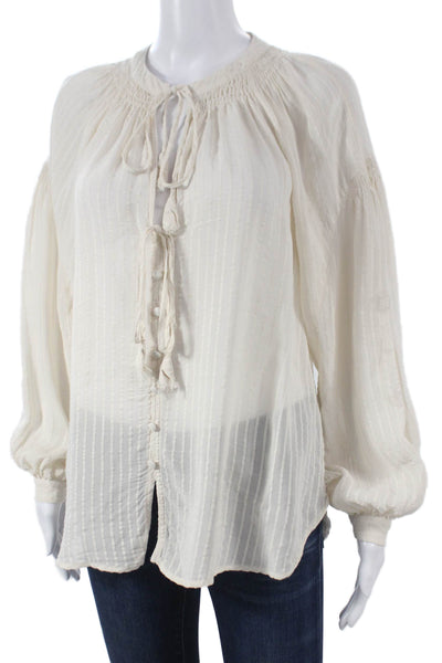 MNG Women Tunic Blouse Striped Ivory Long Sleeve Round Neck Button Size S