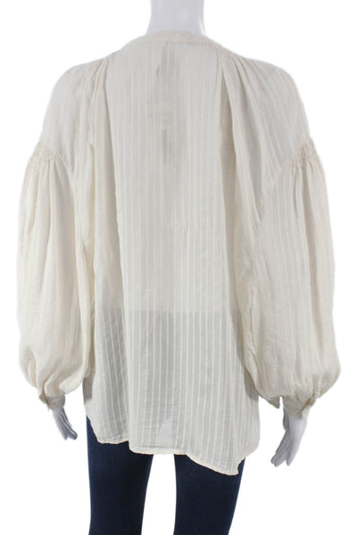 MNG Women Tunic Blouse Striped Ivory Long Sleeve Round Neck Button Size S