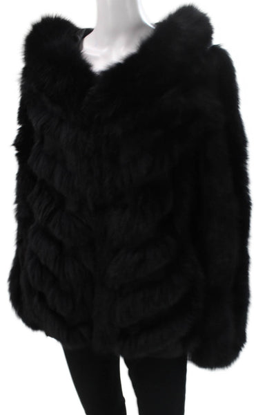 Linda Richards Womens Black Blue Fox Long Sleeve Jacket Open Size S