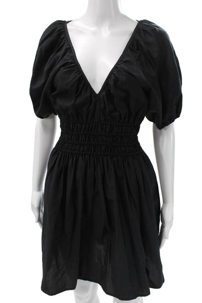 Faithfull The Brand Women Fit & Flare Silk VNeck Short Sleeve Dress Black Size 6