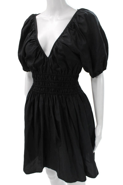 Faithfull The Brand Women Fit & Flare Silk VNeck Short Sleeve Dress Black Size 6