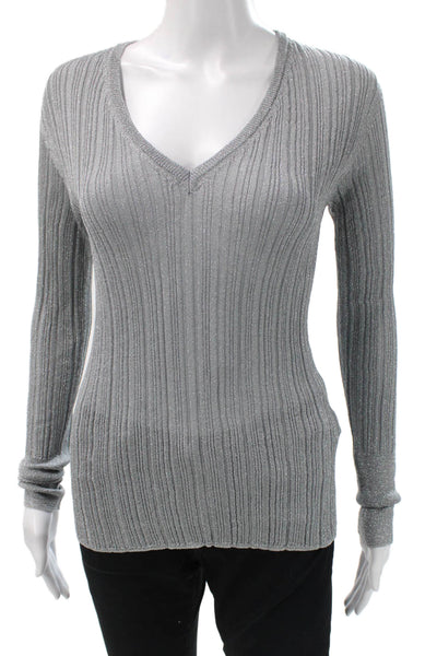 Majestic Filatures Women Basic Silver Acetate V-Neck Long Sleeve Blouse Size 1