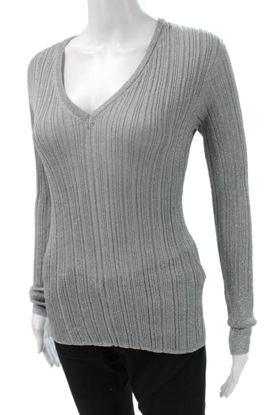 Majestic Filatures Women Basic Silver Acetate V-Neck Long Sleeve Blouse Size 1