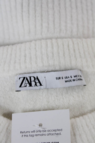 Zara Women Pullover Sweater White Nylon Crew Neck Long Sleeve Size S