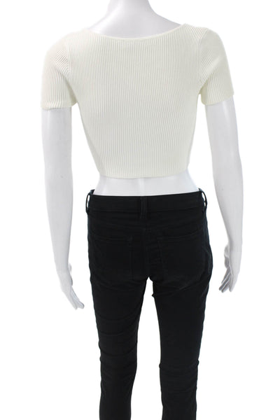 Babaton Women Pullover Sweater White Square Neck Short Sleeve Nylon Size XS