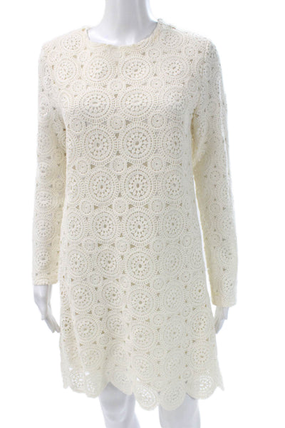 MNG Women Ivory Shift Dress Long Sleeve Geometric Cotton Size 6
