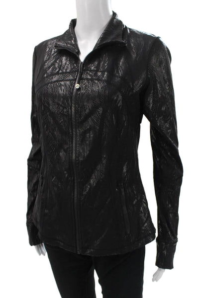 Lululemon Women Track Jacket Black Floral Nylon Long Sleeve Zip Bust 34 Size 2