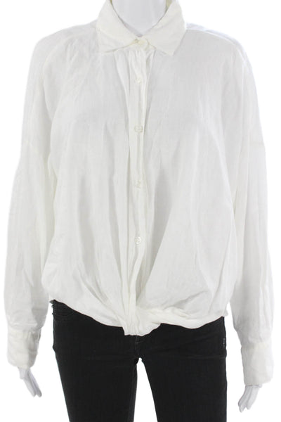 YFB Women Linen Collared Long Sleeve Button-Up Top White Size M