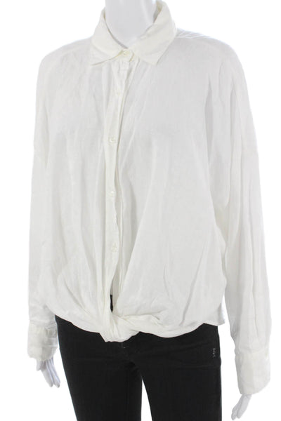 YFB Women Linen Collared Long Sleeve Button-Up Top White Size M