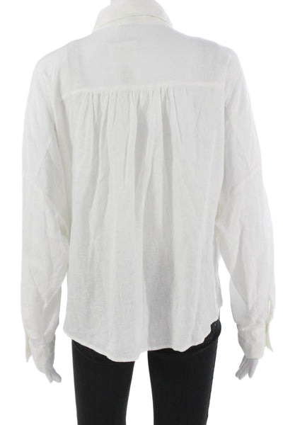 YFB Women Linen Collared Long Sleeve Button-Up Top White Size M