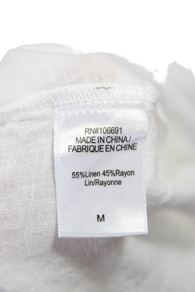 YFB Women Linen Collared Long Sleeve Button-Up Top White Size M