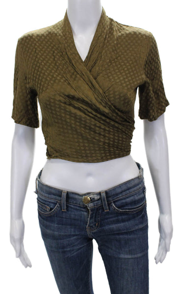 Free People Women Cropped V-Neck PolkaDot Tie Blouse Green Short Sleeve Size XS