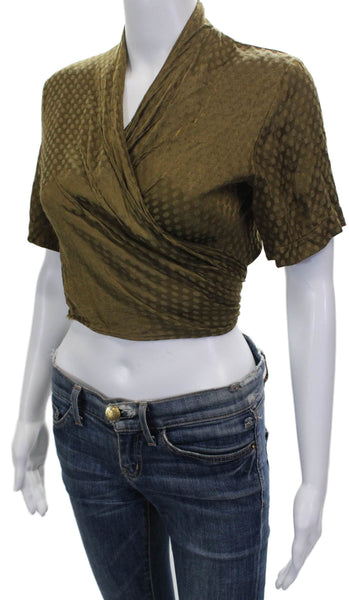 Free People Women Cropped V-Neck PolkaDot Tie Blouse Green Short Sleeve Size XS