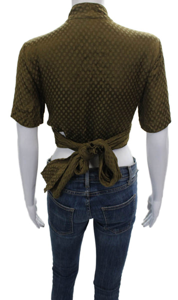 Free People Women Cropped V-Neck PolkaDot Tie Blouse Green Short Sleeve Size XS
