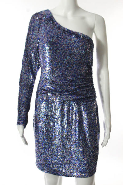 Lorena Sarbu Blue Silk Sequined Print Long Sleeve One Shoulder Dress Size 8