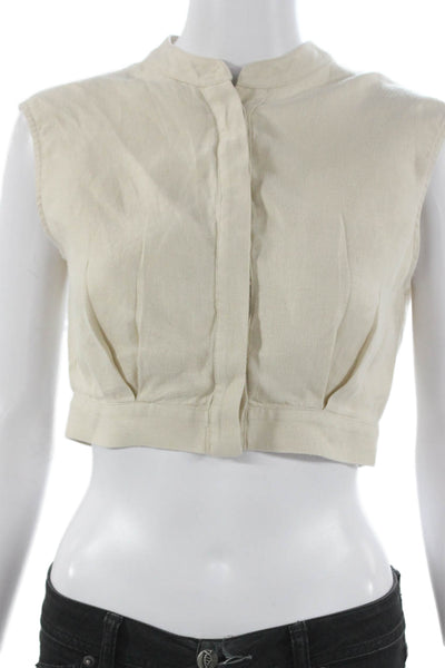Bondi Born Womens Cropped Linen Blouse Beige Sleeveless Collared Button Size S