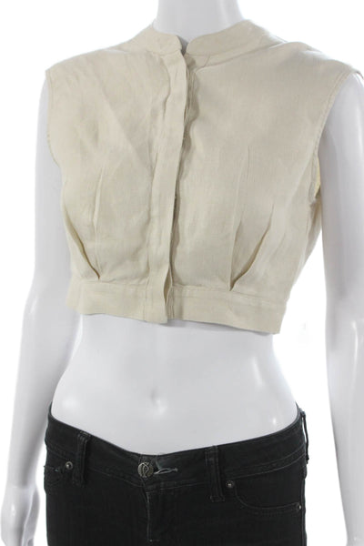 Bondi Born Womens Cropped Linen Blouse Beige Sleeveless Collared Button Size S