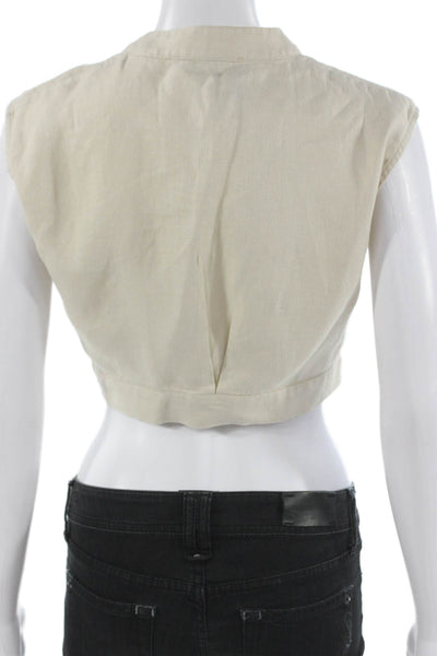 Bondi Born Womens Cropped Linen Blouse Beige Sleeveless Collared Button Size S
