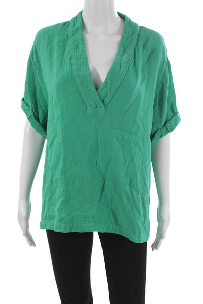 Xirena Women Basic Cotton V Neck Short Sleeve Blouse Green Size M