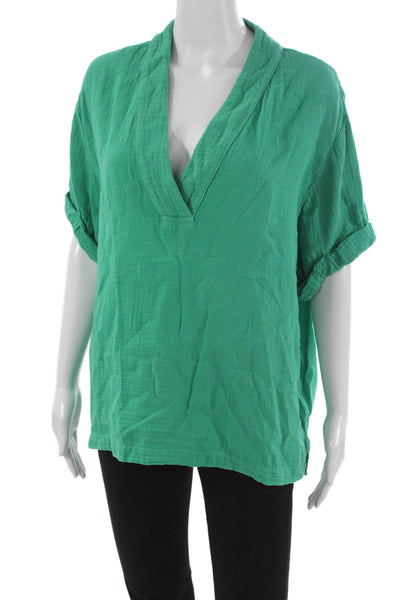 Xirena Women Basic Cotton V Neck Short Sleeve Blouse Green Size M
