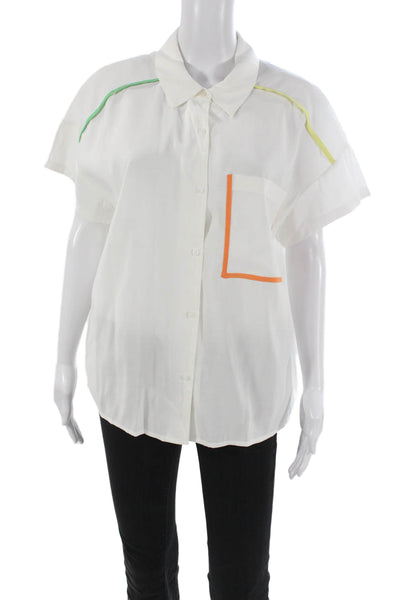 English Factory Women Button-Up Viscose Collared Top White Short Sleeve Size M