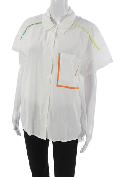 English Factory Women Button-Up Viscose Collared Top White Short Sleeve Size M