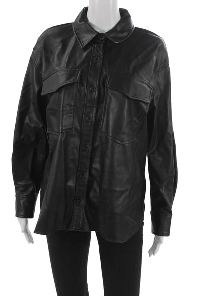 Zara Women Basic Jacket Faux Leather Collared Button Black Size M