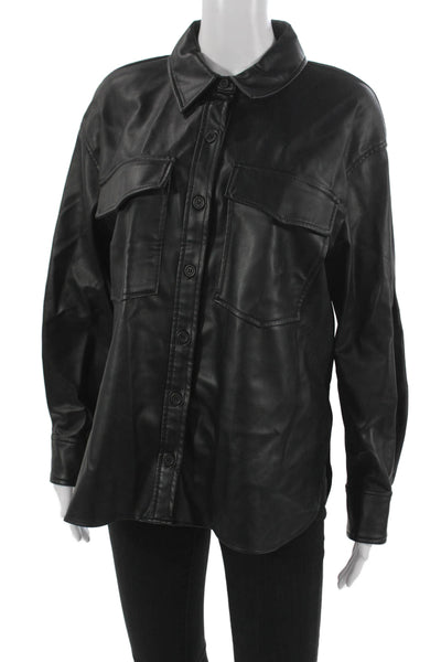 Zara Women Basic Jacket Faux Leather Collared Button Black Size M