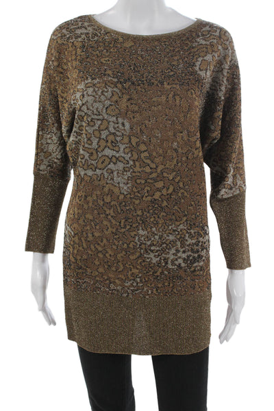 Escada Women Viscose Animal Print Tunic Sweater Boatneck Long Sleeve Gold Size S