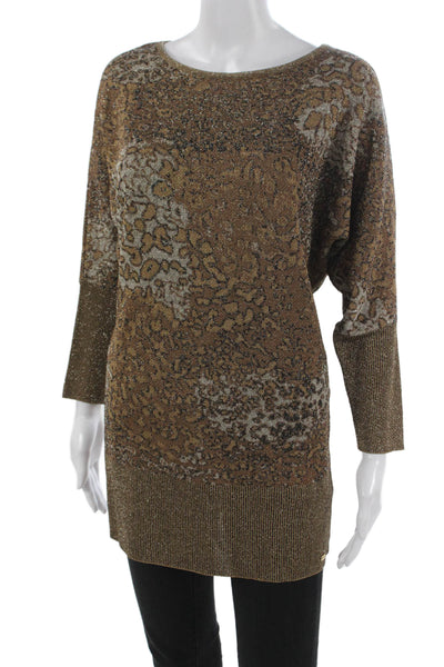 Escada Women Viscose Animal Print Tunic Sweater Boatneck Long Sleeve Gold Size S