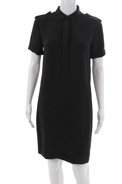 Burberry London Women Black Silk Shirt Dress Button Short Sleeve Size 6
