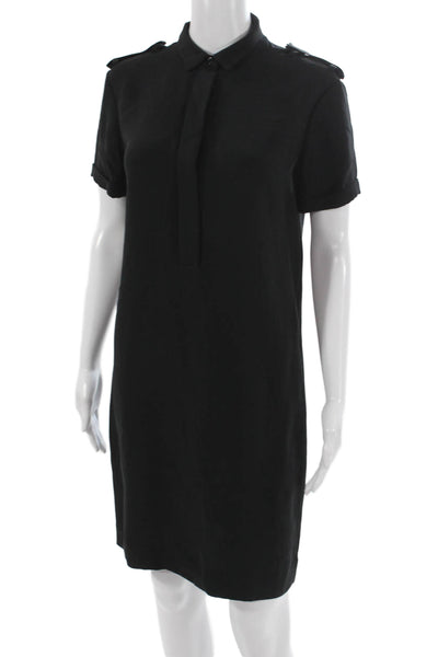 Burberry London Women Black Silk Shirt Dress Button Short Sleeve Size 6