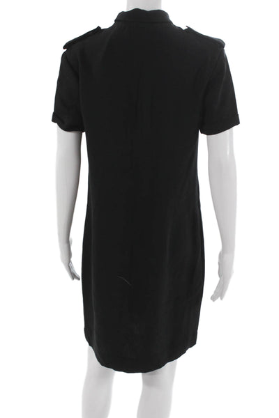 Burberry London Women Black Silk Shirt Dress Button Short Sleeve Size 6
