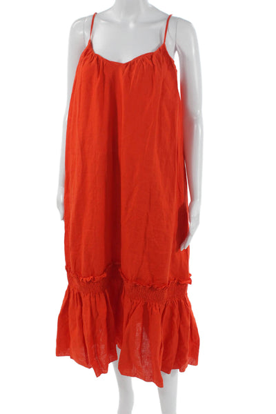Banana Republic Women Linen Orange V-Neck Sleeveless Maxi Dress Petite Size XS