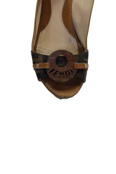 Fendi Womens Embellished Slingback Wedge Platform Shoes Brown Size 6.5