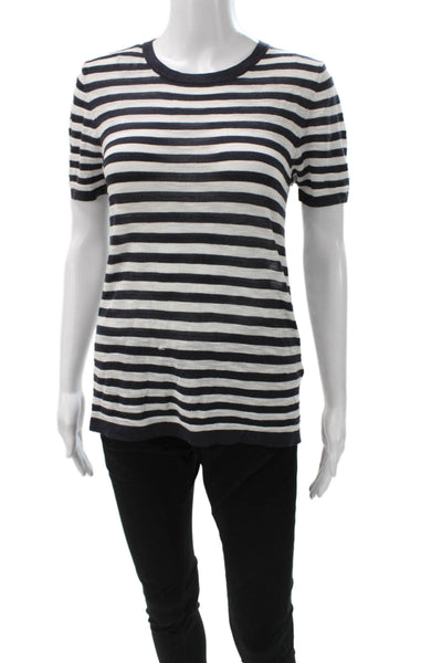 Zara Women Striped Black Basic Crew Neck Short Sleeve Viscose T-Shirt Size S