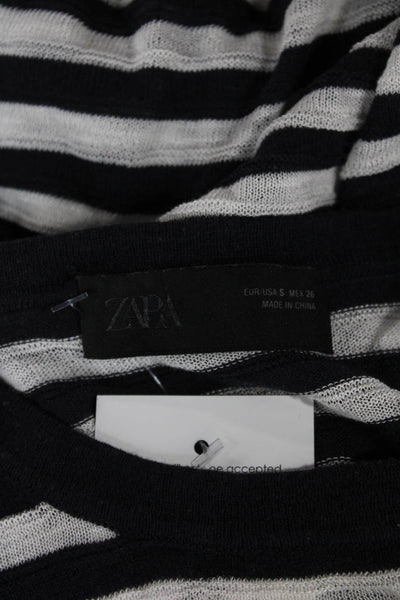 Zara Women Striped Black Basic Crew Neck Short Sleeve Viscose T-Shirt Size S
