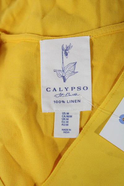 Calypso Women Linen V-Neck Sleeveless Tank Top Yellow Size M