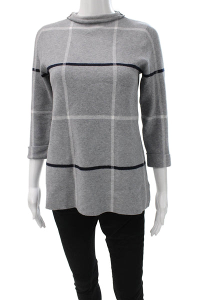 Tahari Womens Pullover Sweater Gray Mock Neck Check 3/4 Sleeve Size S