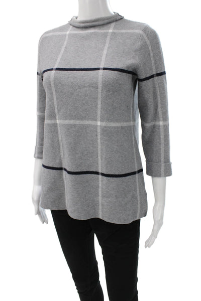 Tahari Womens Pullover Sweater Gray Mock Neck Check 3/4 Sleeve Size S