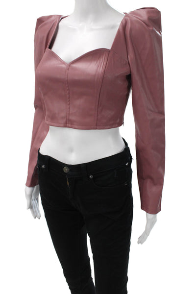 Zara Women Cropped Blouse Pink Sweetheart Neck Long Sleeve PU Size XS