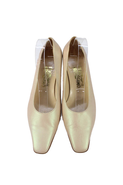 Salvatore Ferragamo Womens Leather Gold Tone Heel Pumps Beige Size 10 B