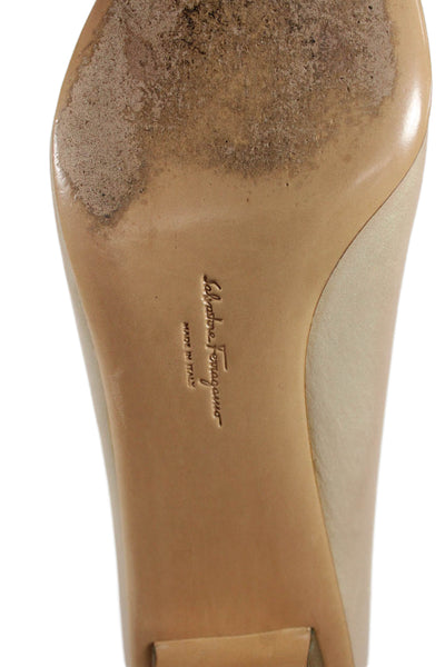 Salvatore Ferragamo Womens Leather Gold Tone Heel Pumps Beige Size 10 B