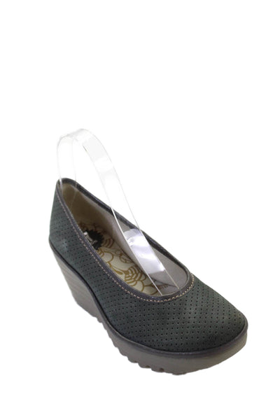 Fly London Womens Wedge Heel Platform Perforated Suede Pumps Gray Size 36