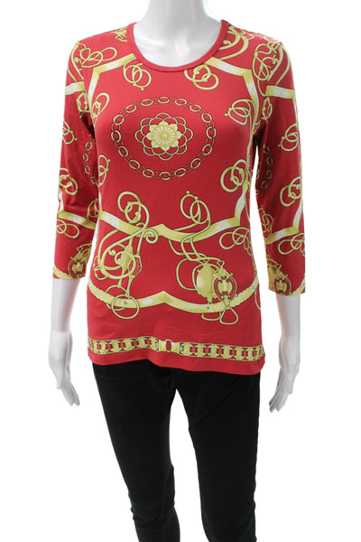 J. Mclaughlin Women T-Shirt Red 3/4 Sleeve Round Neck Geometric Size XS