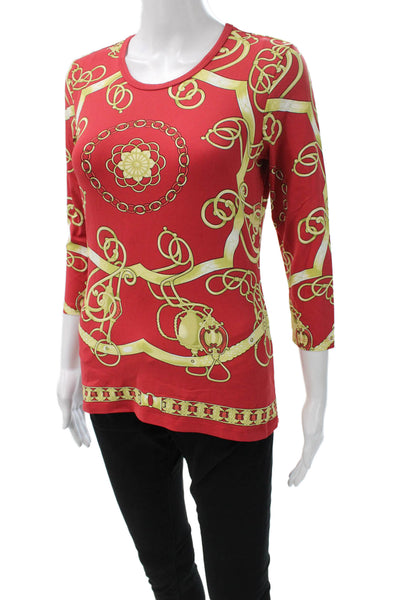 J. Mclaughlin Women T-Shirt Red 3/4 Sleeve Round Neck Geometric Size XS