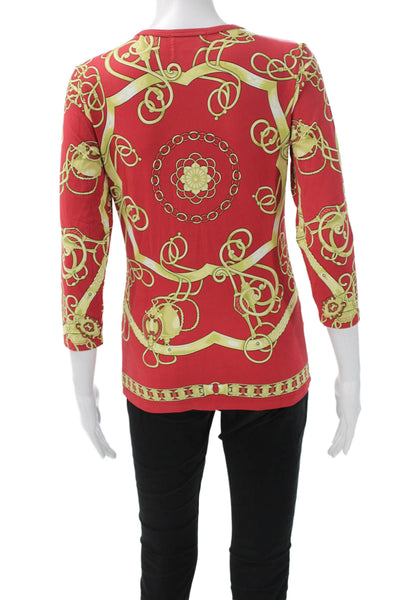 J. Mclaughlin Women T-Shirt Red 3/4 Sleeve Round Neck Geometric Size XS
