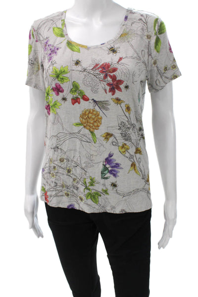 Escada Women Gray Scoop Neck Floral Cotton Short Sleeve T-Shirt Size M