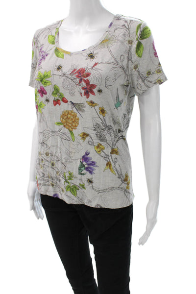 Escada Women Gray Scoop Neck Floral Cotton Short Sleeve T-Shirt Size M