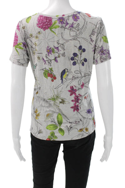 Escada Women Gray Scoop Neck Floral Cotton Short Sleeve T-Shirt Size M